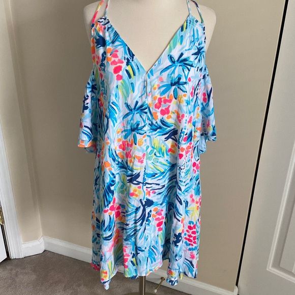 Lilly Pulitzer Bellamie Swing Dress Tippy Top Serene Blue Size Medium Cold Shoul - Picture 2 of 11